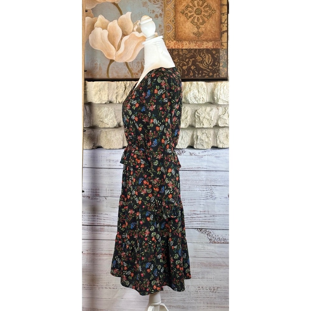 One Clothing Los Angeles Black Floral Tiered Midi Dress V-Neck XS - Picture 2 of 8